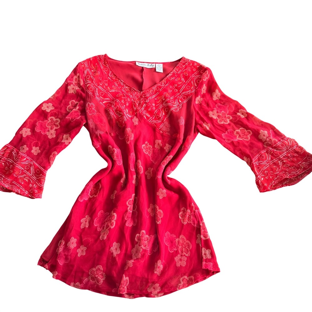 Victoria Holley Red 100% Silk Floral V-Neck Tunic Top Bell Sleeve Womens Size 16